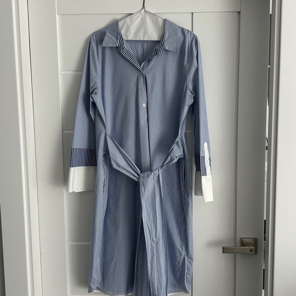 Tahari Blue and White Striped Midi Dress